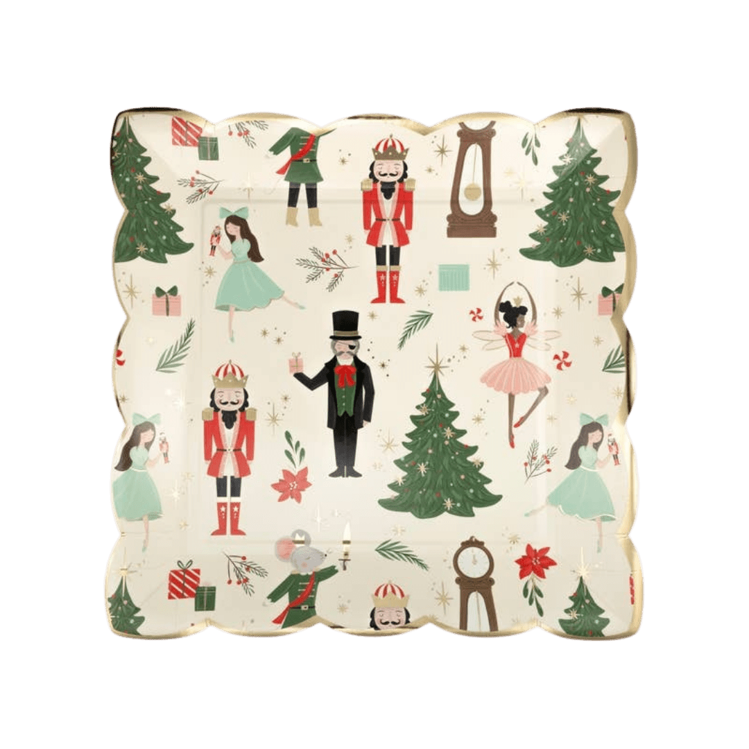 Red and green Nutcracker square plate with ballet and Christmas characters from Parte Haus party supply store in Bethesda MD