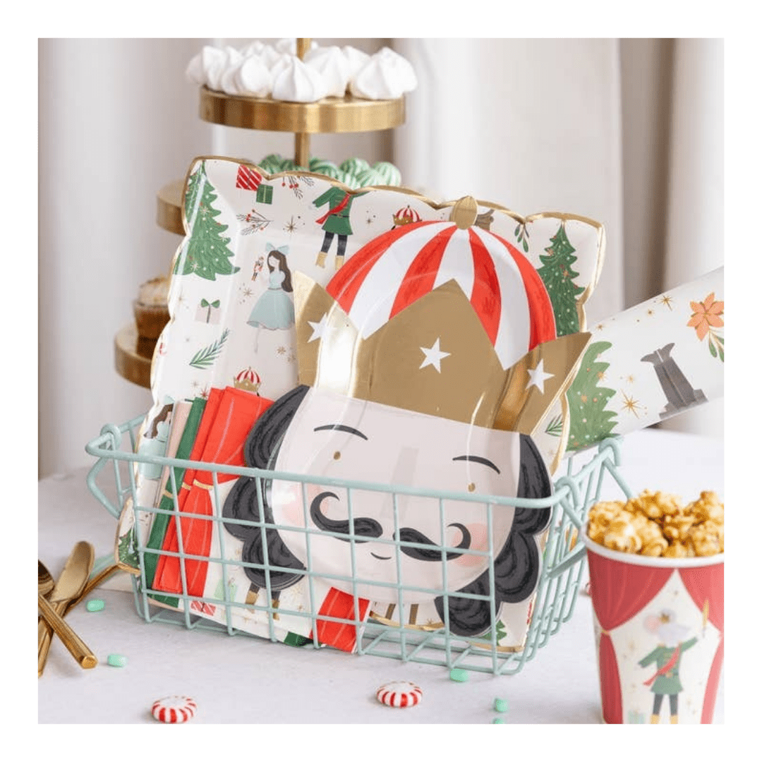 Red and gold nutcracker plate with Christmas theme from Parte Haus party supply store in Bethesda Maryland