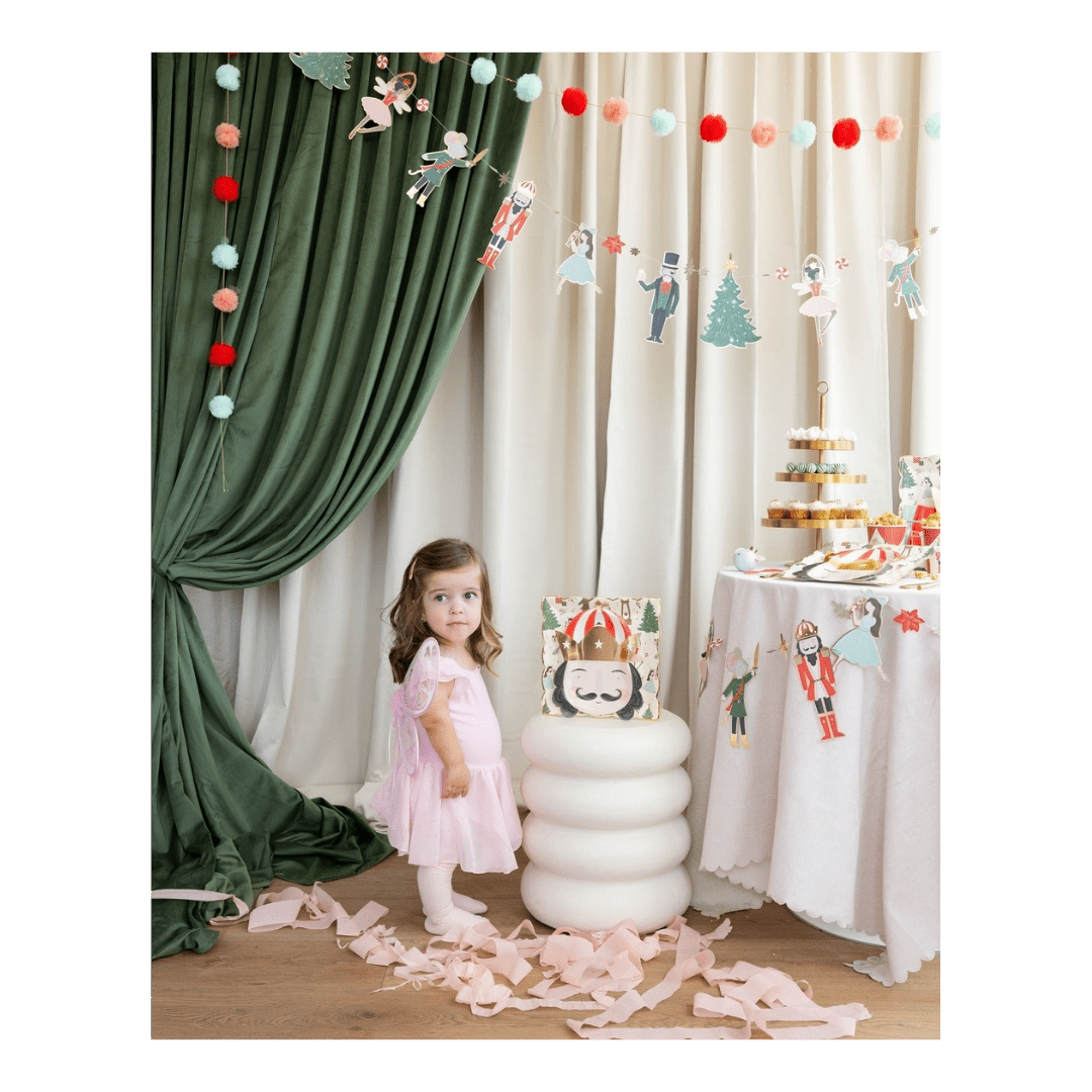 Pink Nutcracker themed party setup with a young girl decor and treats from Parte Haus party supply store in Bethesda MD