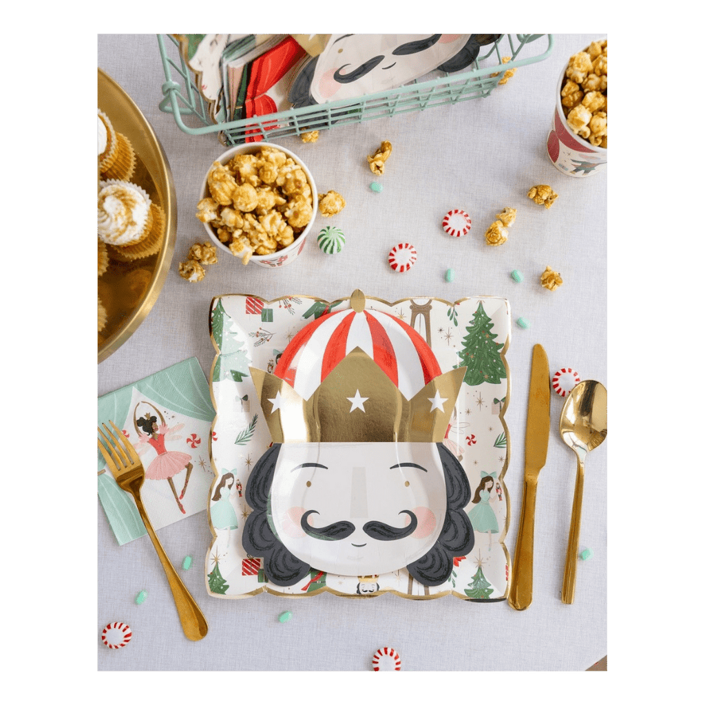 Colorful nutcracker plate with gold crown Christmas holiday decor from Parte Haus party supply store in Bethesda MD