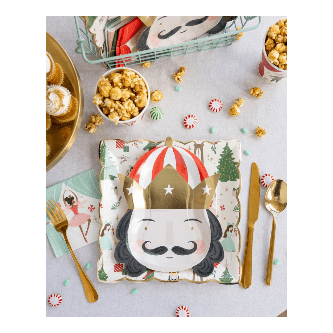 Colorful nutcracker plate with gold crown Christmas holiday decor from Parte Haus party supply store in Bethesda MD
