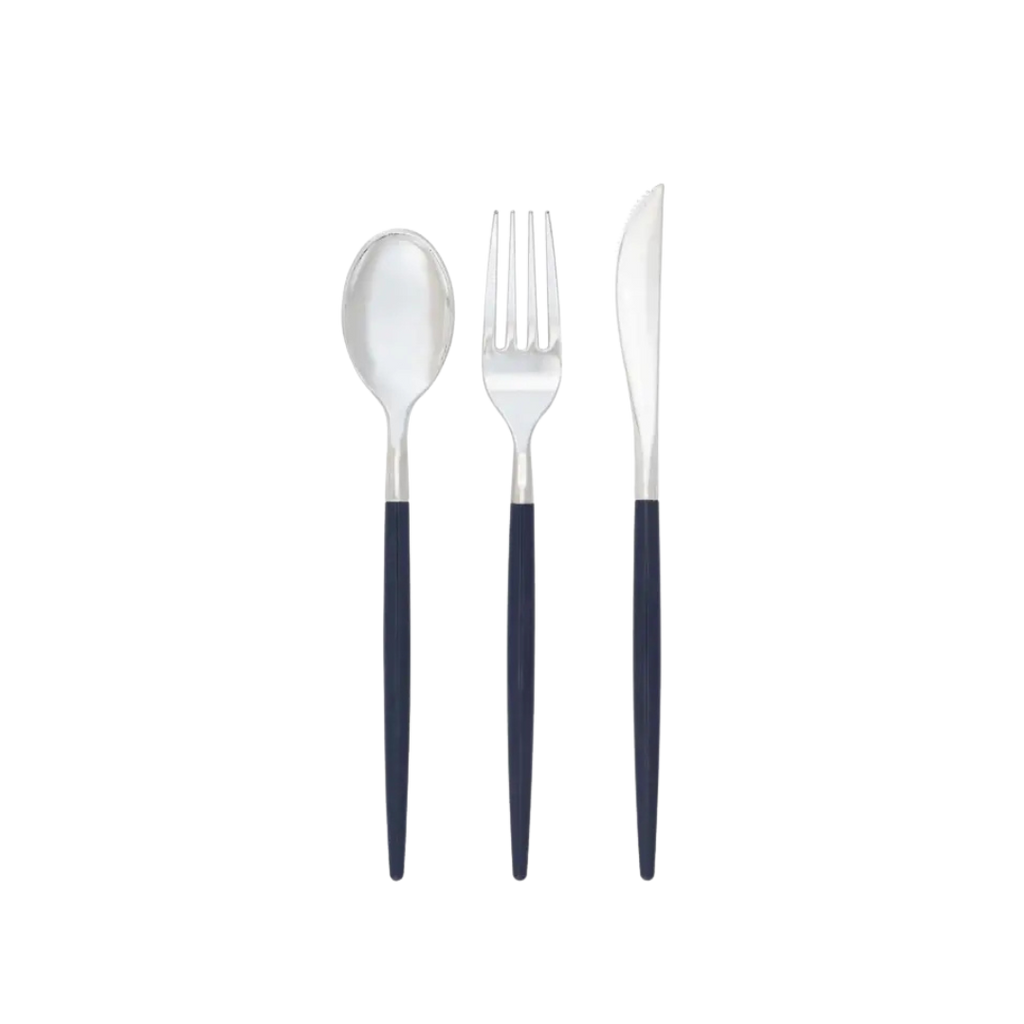 Navy silver plastic cutlery set three pieces with modern design for dining from Parte Haus party supply store in Bethesda MD