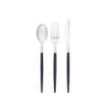 Navy silver plastic cutlery set three pieces with modern design for dining from Parte Haus party supply store in Bethesda MD