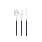 Navy silver plastic cutlery set three pieces with modern design for dining from Parte Haus party supply store in Bethesda MD