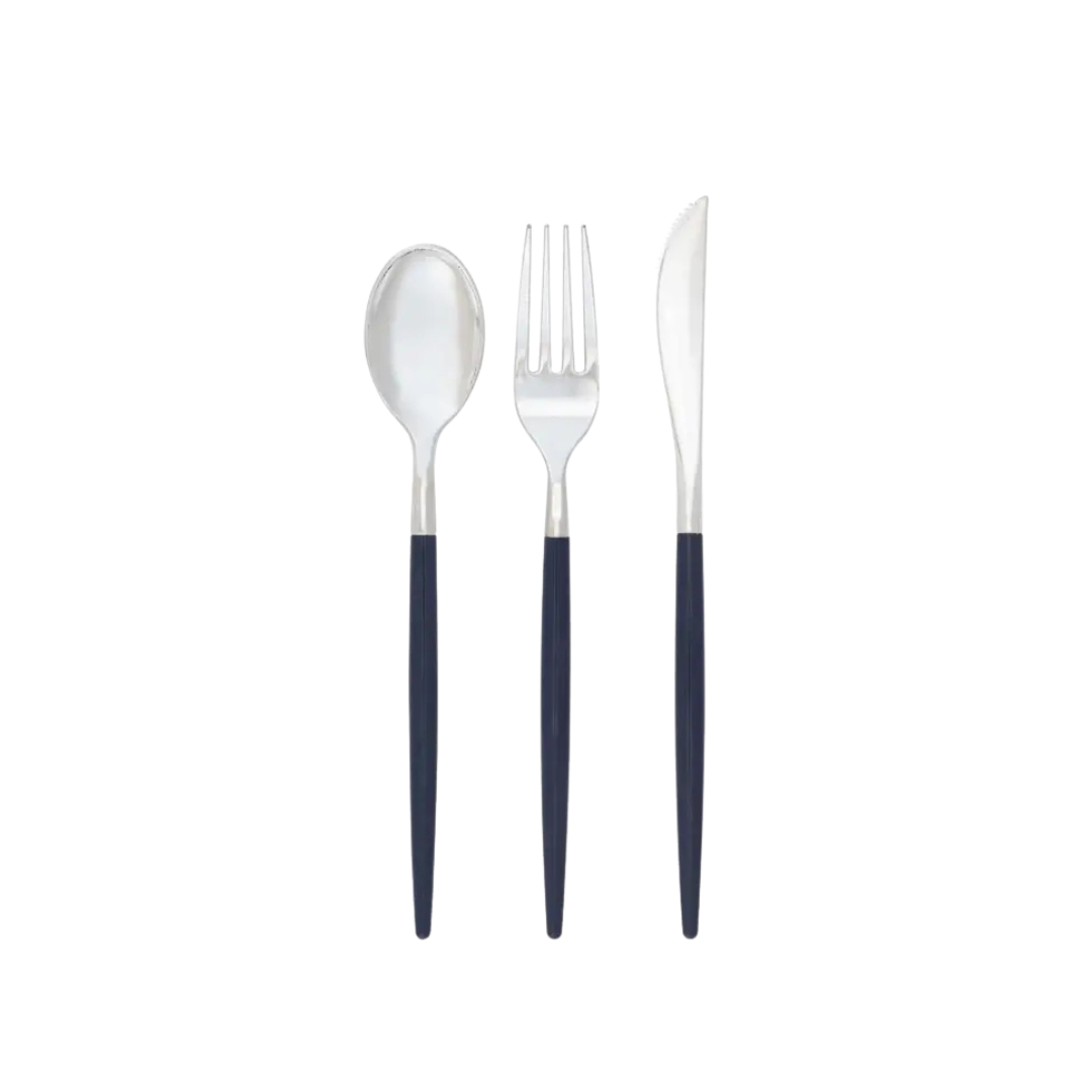 Navy silver plastic cutlery set three pieces with modern design for dining from Parte Haus party supply store in Bethesda MD