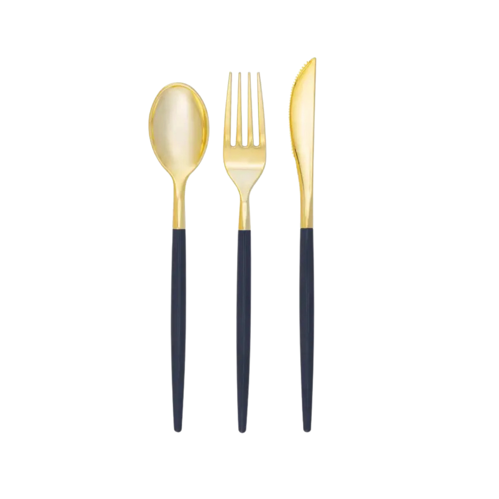 Navy gold plastic cutlery set with spoon fork and knife for elegant gatherings from Parte Haus party supply store in Bethesda MD.