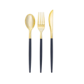 Navy gold plastic cutlery set with spoon fork and knife for elegant gatherings from Parte Haus party supply store in Bethesda MD.