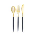 Navy gold plastic cutlery set with spoon fork and knife for elegant gatherings from Parte Haus party supply store in Bethesda MD.