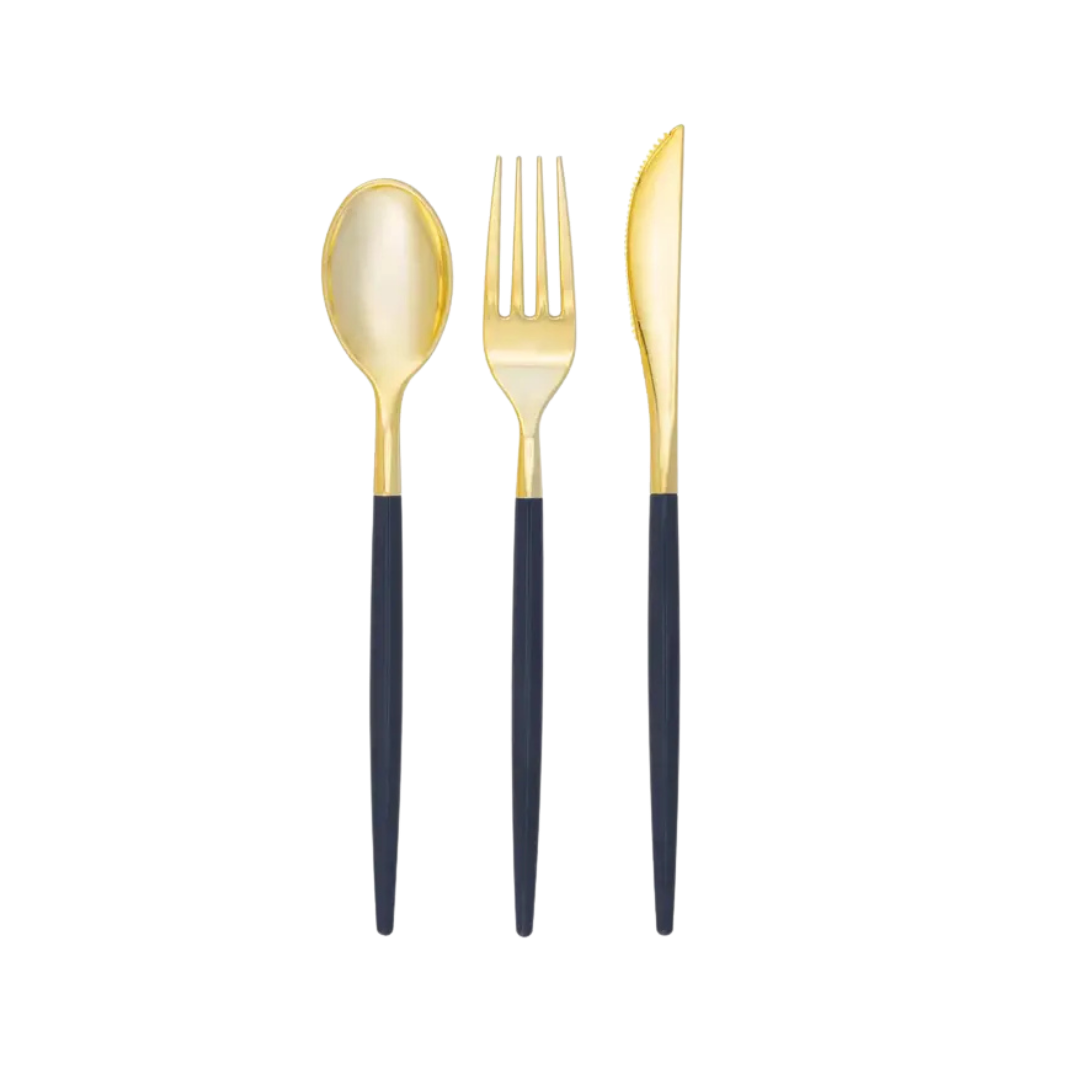 Navy gold plastic cutlery set with spoon fork and knife for elegant gatherings from Parte Haus party supply store in Bethesda MD.
