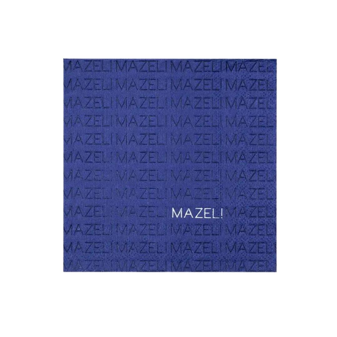 Navy Mazel cocktail napkin with modern text Bar Mitzvah theme from Parte Haus party supply store in Bethesda Maryland