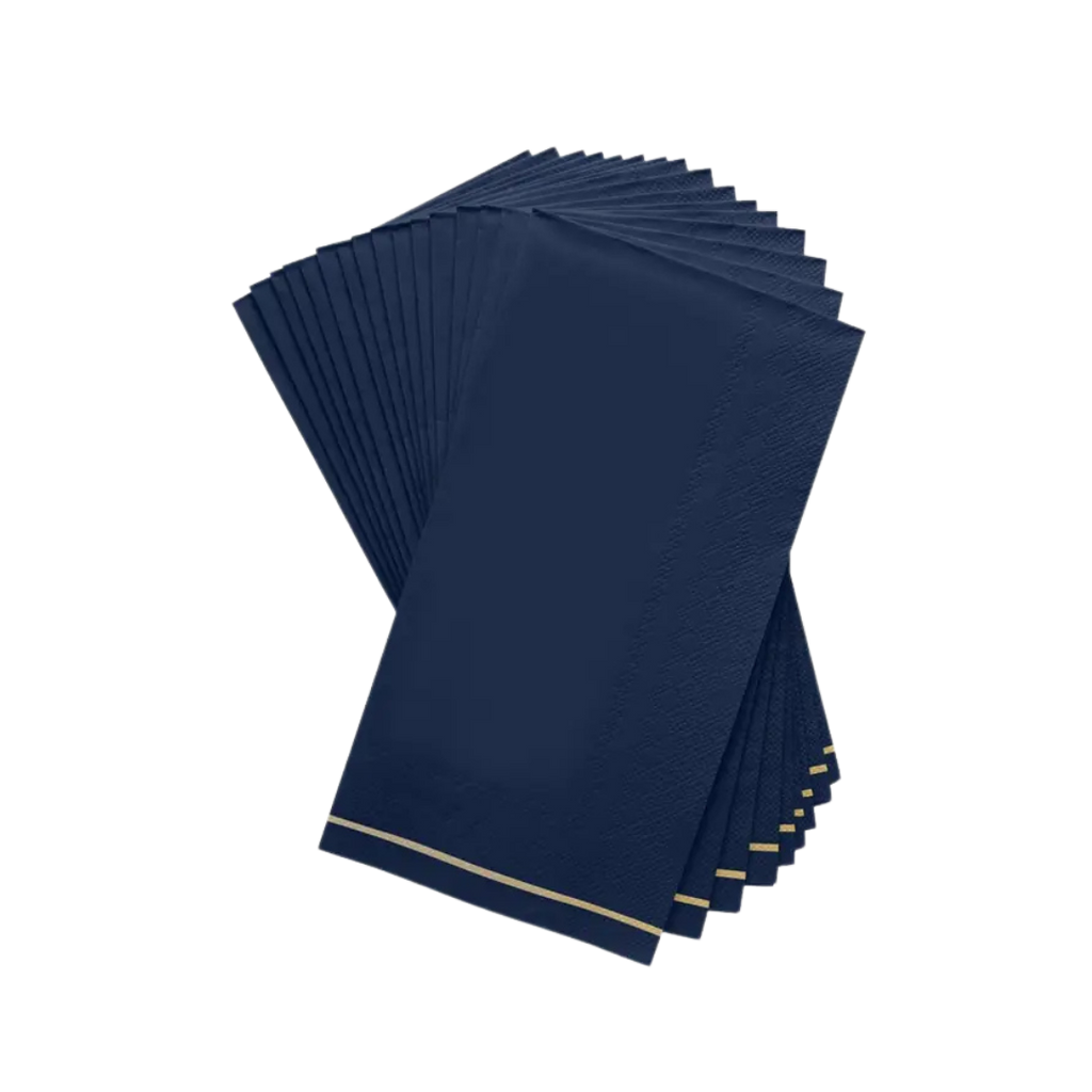 Navy with gold stripe guest paper napkins elegant dinner decor from Parte Haus party supply store in Bethesda Maryland