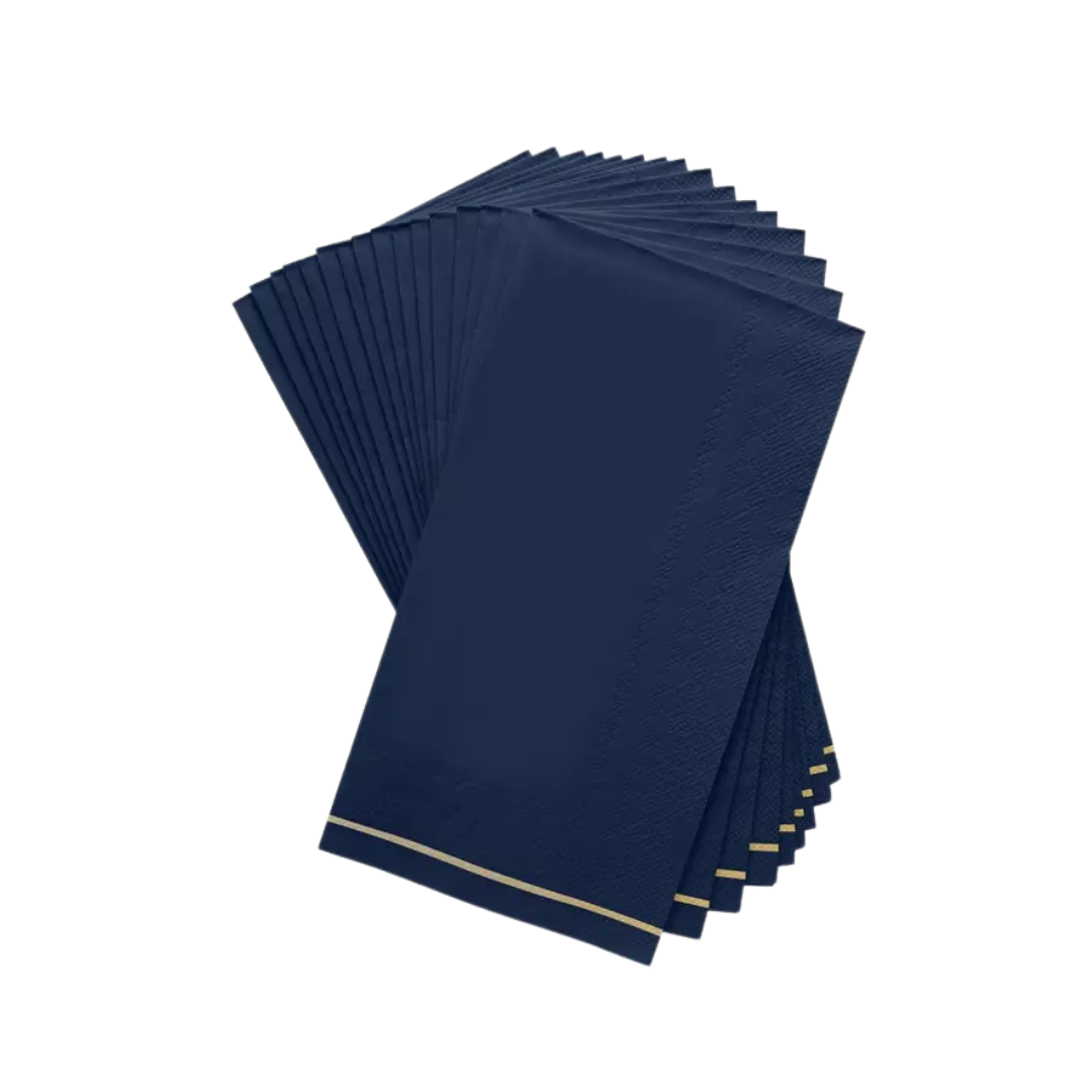 Navy with gold stripe guest paper napkins elegant dinner decor from Parte Haus party supply store in Bethesda Maryland