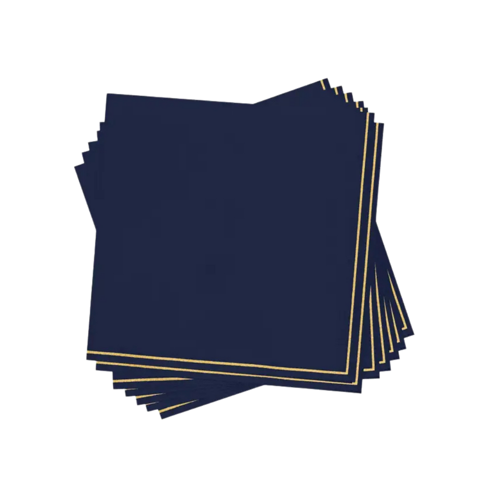 Navy with gold stripe beverage napkins elegant square design from Parte Haus party supply store in Bethesda MD