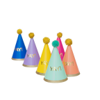 Colorful cone birthday hats with pom poms celebration theme from Parte Haus party supply store in Bethesda MD