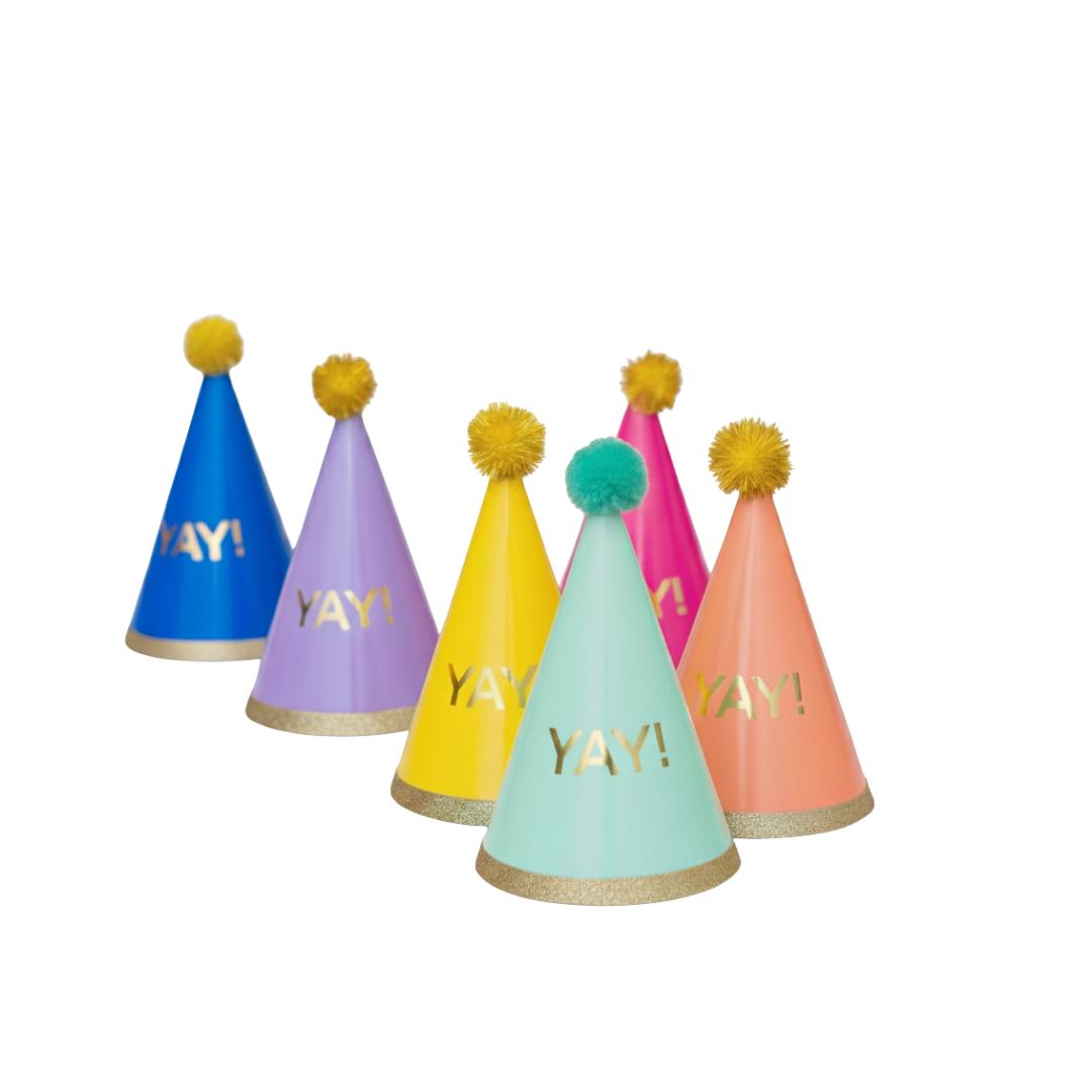 Colorful cone birthday hats with pom poms celebration theme from Parte Haus party supply store in Bethesda MD
