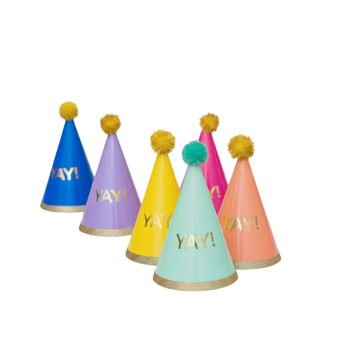 Colorful cone birthday hats with pom poms celebration theme from Parte Haus party supply store in Bethesda MD