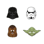 Black white brown green character masks with cartoon faces for Star Wars theme from Parte Haus party supply store in Bethesda Maryland