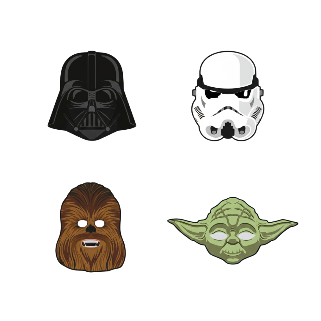Black white brown green character masks with cartoon faces for Star Wars theme from Parte Haus party supply store in Bethesda Maryland
