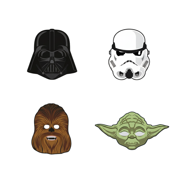 Black white brown green character masks with cartoon faces for Star Wars theme from Parte Haus party supply store in Bethesda Maryland