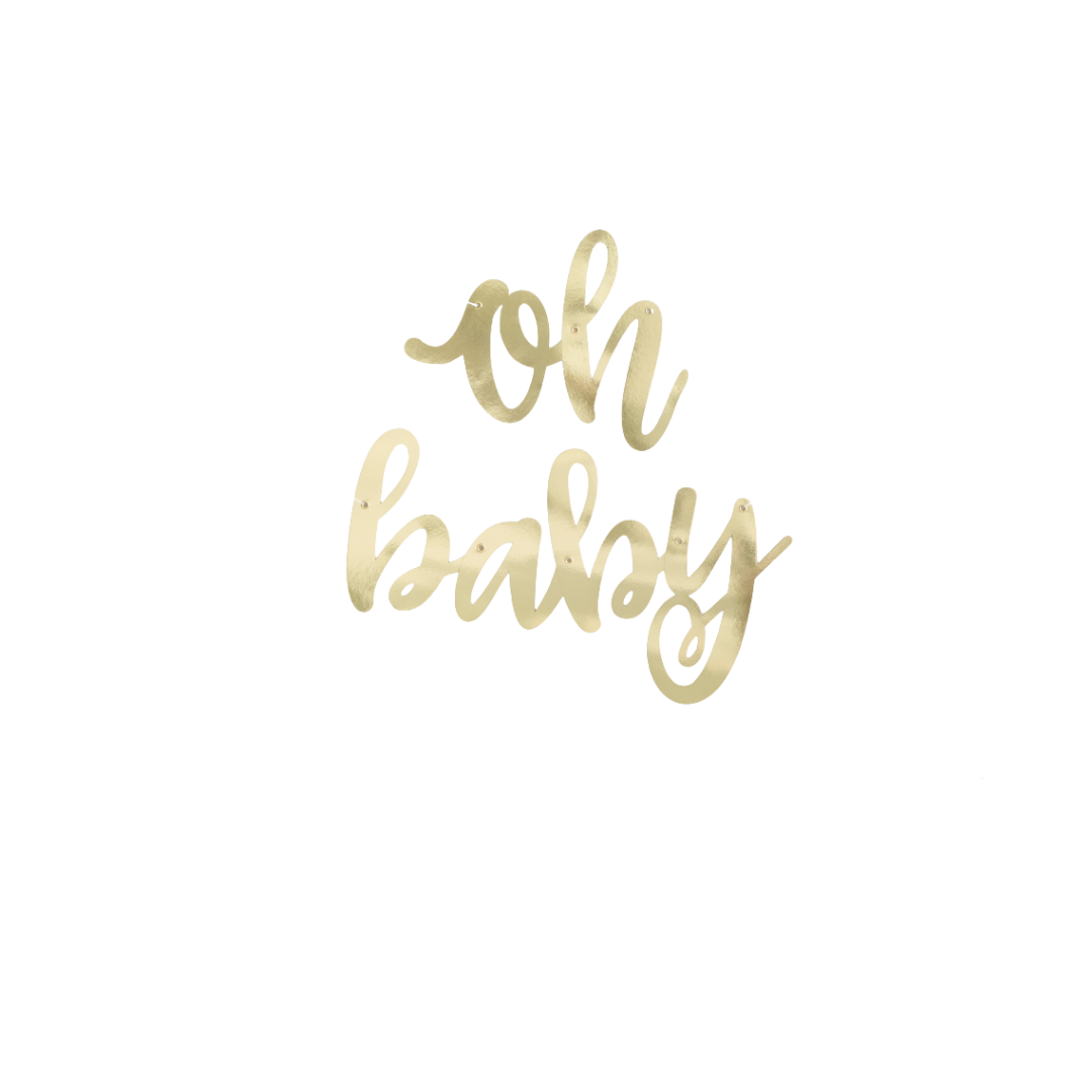 Gold oh baby sign script baby shower decoration from Parte Haus party supply store in Bethesda Maryland