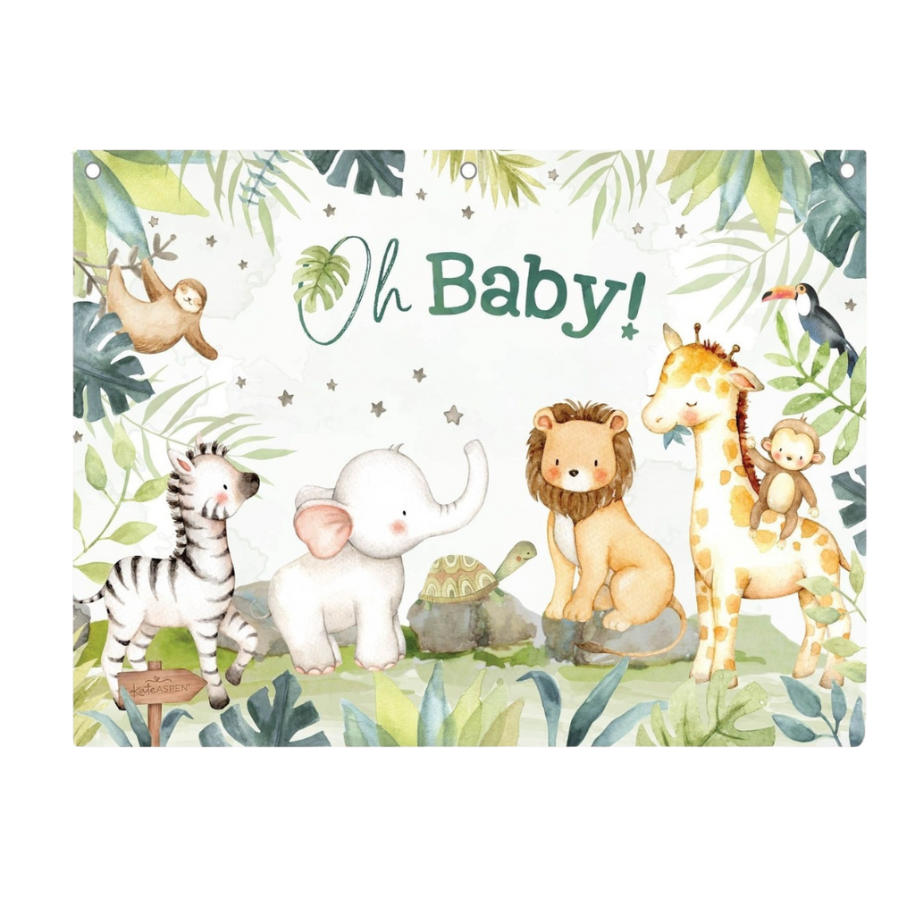 Green jungle baby shower banner with cute animal illustrations for baby shower from Parte Haus party supply store in Bethesda MD.
