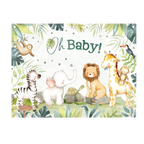 Green jungle baby shower banner with cute animal illustrations for baby shower from Parte Haus party supply store in Bethesda MD.
