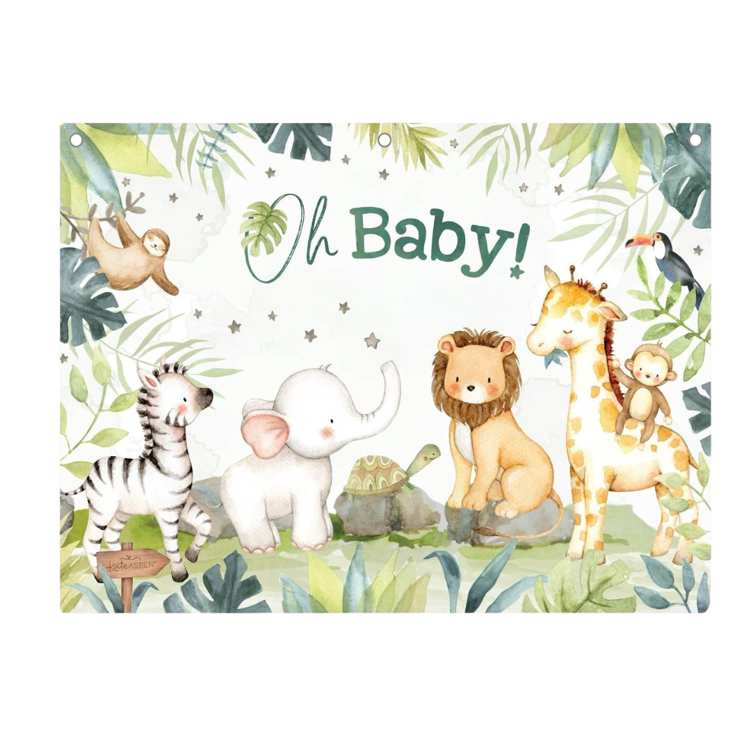 Green jungle baby shower banner with cute animal illustrations for baby shower from Parte Haus party supply store in Bethesda MD.