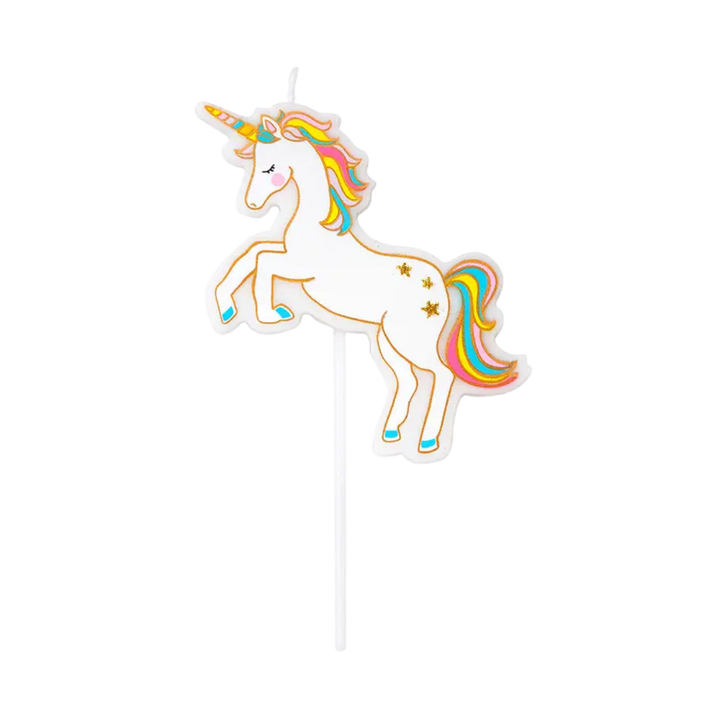Rainbow unicorn candle with gold stars birthday theme from Parte Haus party supply store in Bethesda Maryland