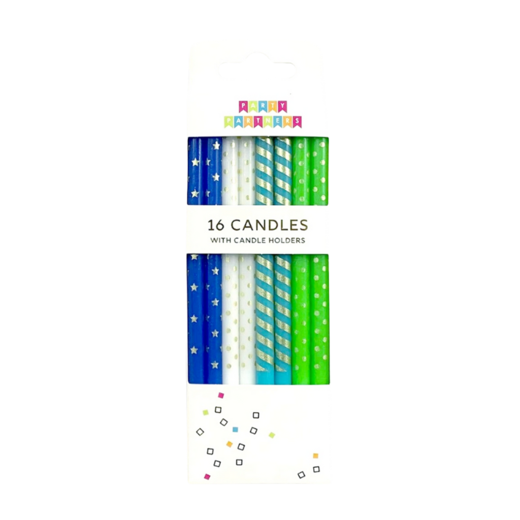 Blue green and white striped and star birthday candles for celebration from Parte Haus party supply store in Bethesda MD