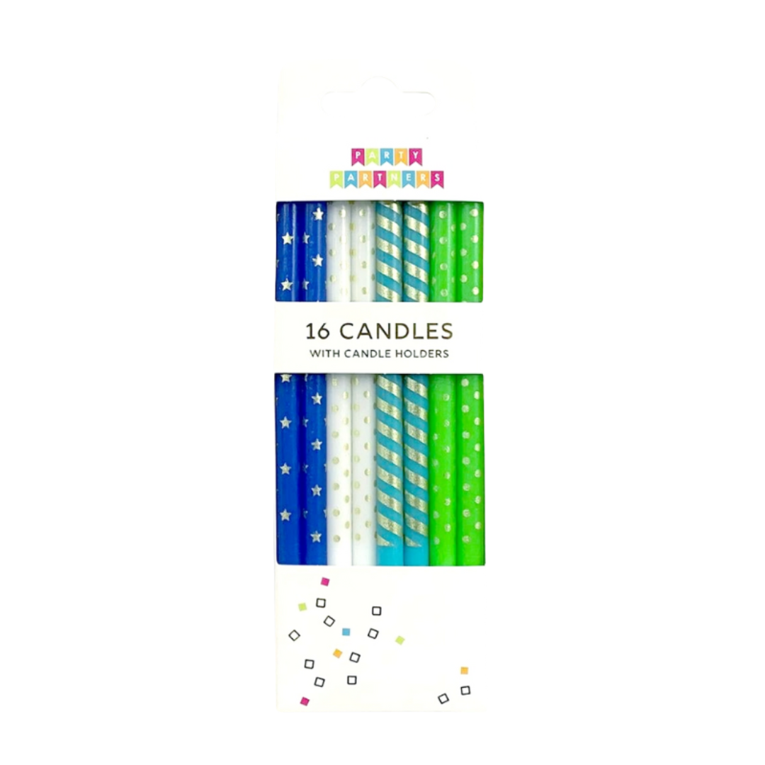 Blue green and white striped and star birthday candles for celebration from Parte Haus party supply store in Bethesda MD