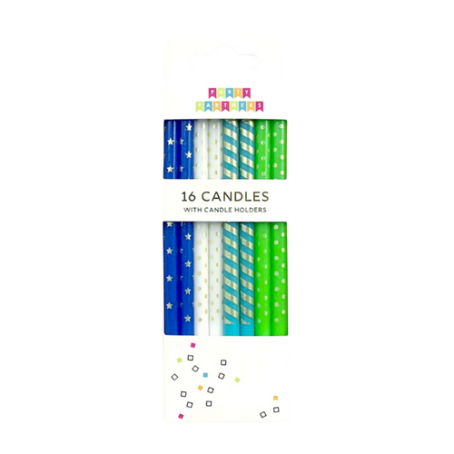 Blue green and white striped and star birthday candles for celebration from Parte Haus party supply store in Bethesda MD