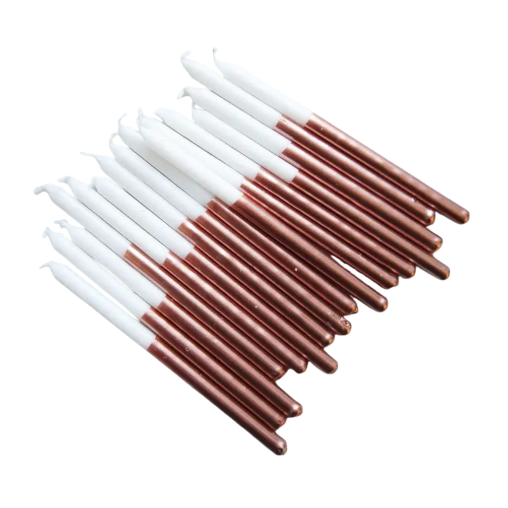 rose gold and white candle set elegant birthday decor from Parte Haus party supply store in Bethesda MD