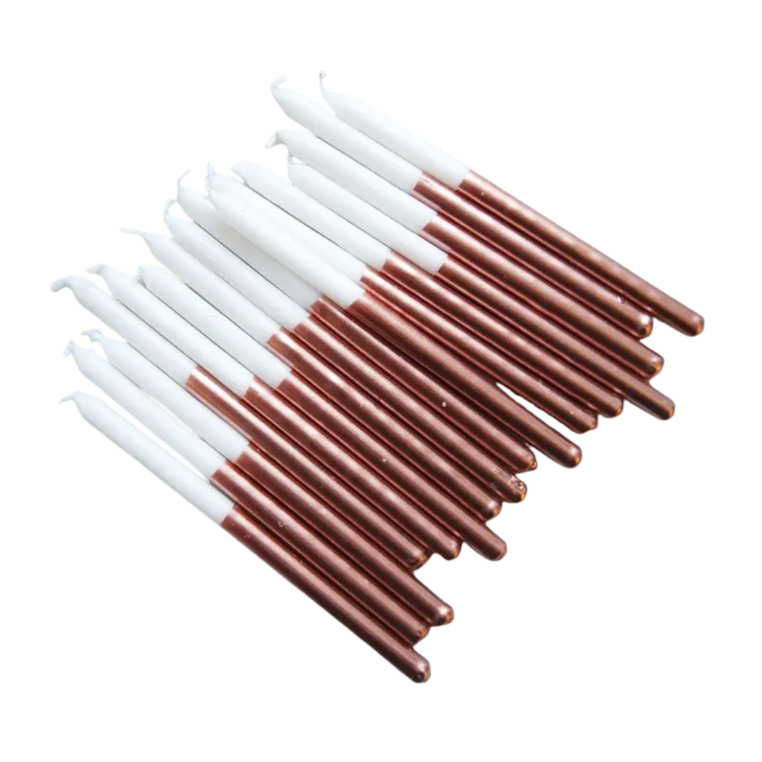 rose gold and white candle set elegant birthday decor from Parte Haus party supply store in Bethesda MD