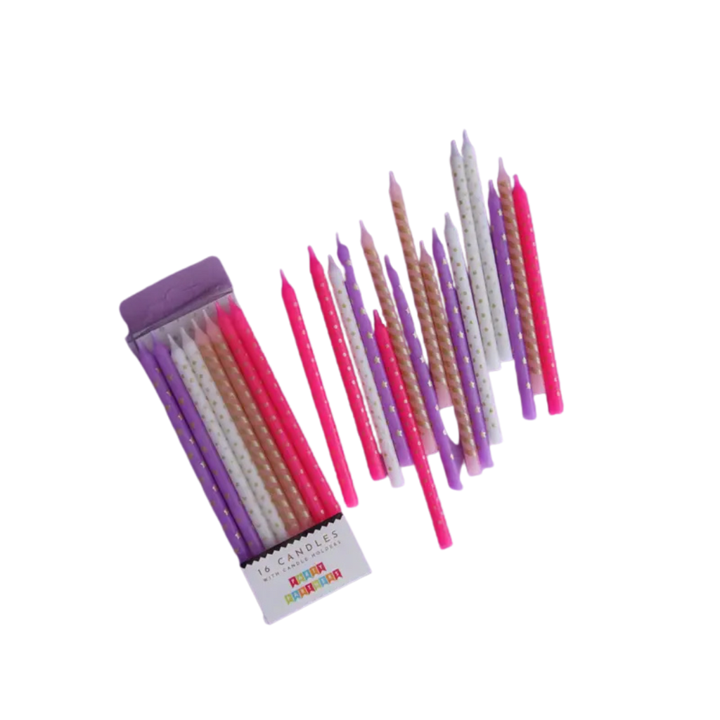 Pink purple and gold birthday candles with polka dots from Parte Haus party supply store in Bethesda Maryland