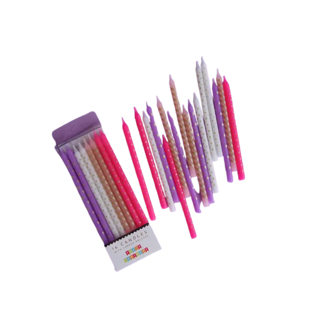 Pink purple and gold birthday candles with polka dots from Parte Haus party supply store in Bethesda Maryland