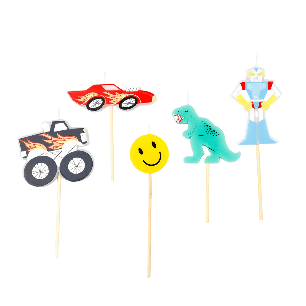 Colorful car dinosaur smiley face and robot birthday candles for kids from Parte Haus party supply store in Bethesda MD