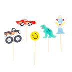 Colorful car dinosaur smiley face and robot birthday candles for kids from Parte Haus party supply store in Bethesda MD