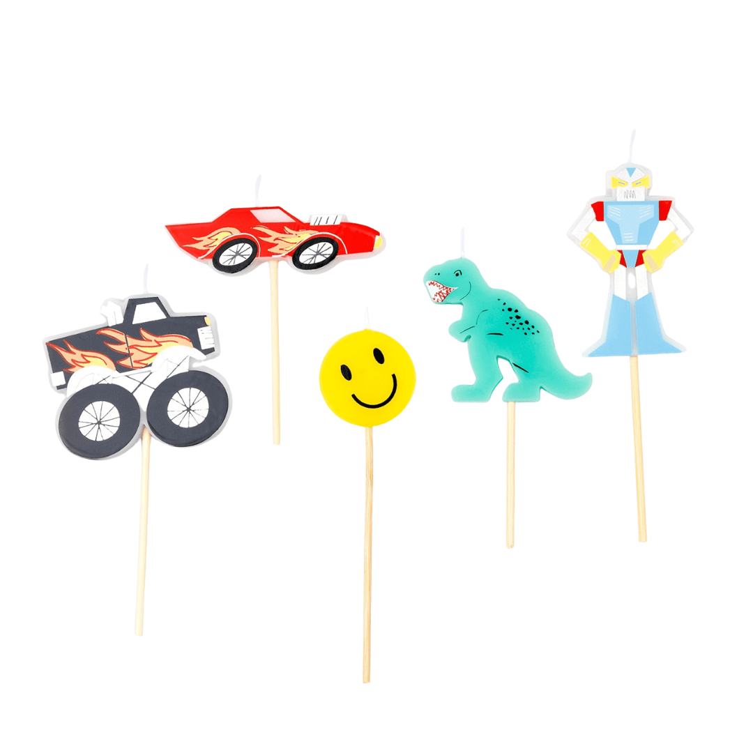 Colorful car dinosaur smiley face and robot birthday candles for kids from Parte Haus party supply store in Bethesda MD