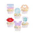 Colorful cupcake toppers with cassette disco ball lips hands butterfly and 13 on birthday cupcakes from Parte Haus party supply store in Bethesda Maryland
