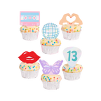 Colorful cupcake toppers with cassette disco ball lips hands butterfly and 13 on birthday cupcakes from Parte Haus party supply store in Bethesda Maryland