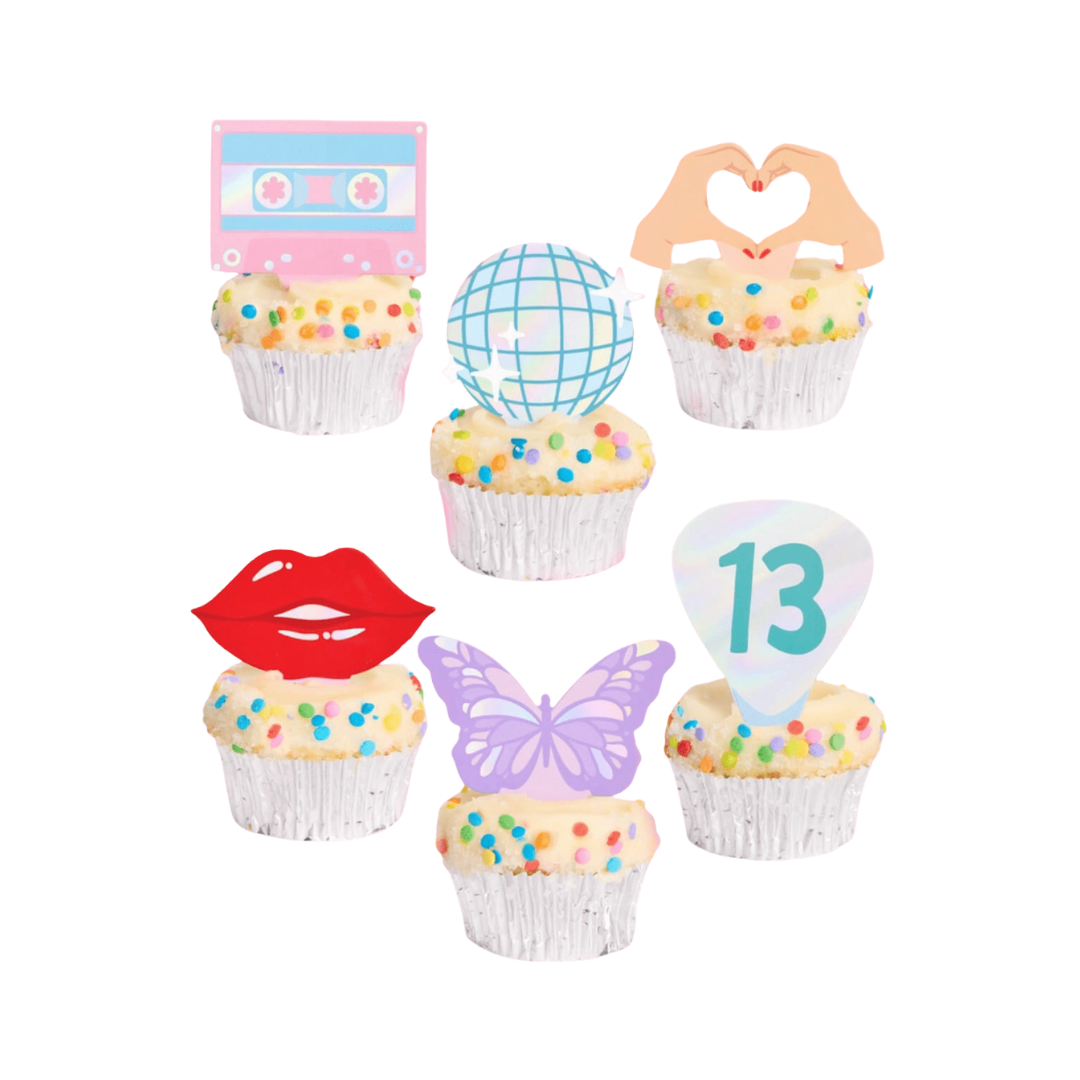 Colorful cupcake toppers with cassette disco ball lips hands butterfly and 13 on birthday cupcakes from Parte Haus party supply store in Bethesda Maryland