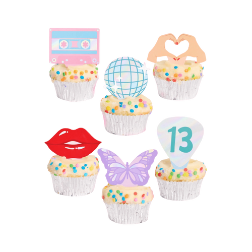Colorful cupcake toppers with cassette disco ball lips hands butterfly and 13 on birthday cupcakes from Parte Haus party supply store in Bethesda Maryland