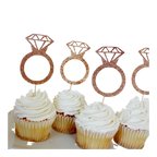 Rose gold diamond ring cupcake toppers for bridal shower on vanilla cupcakes from Parte Haus party supply store in Bethesda MD
