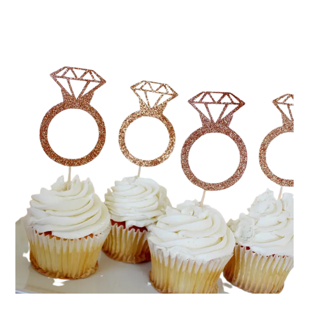 Rose gold diamond ring cupcake toppers for bridal shower on vanilla cupcakes from Parte Haus party supply store in Bethesda MD