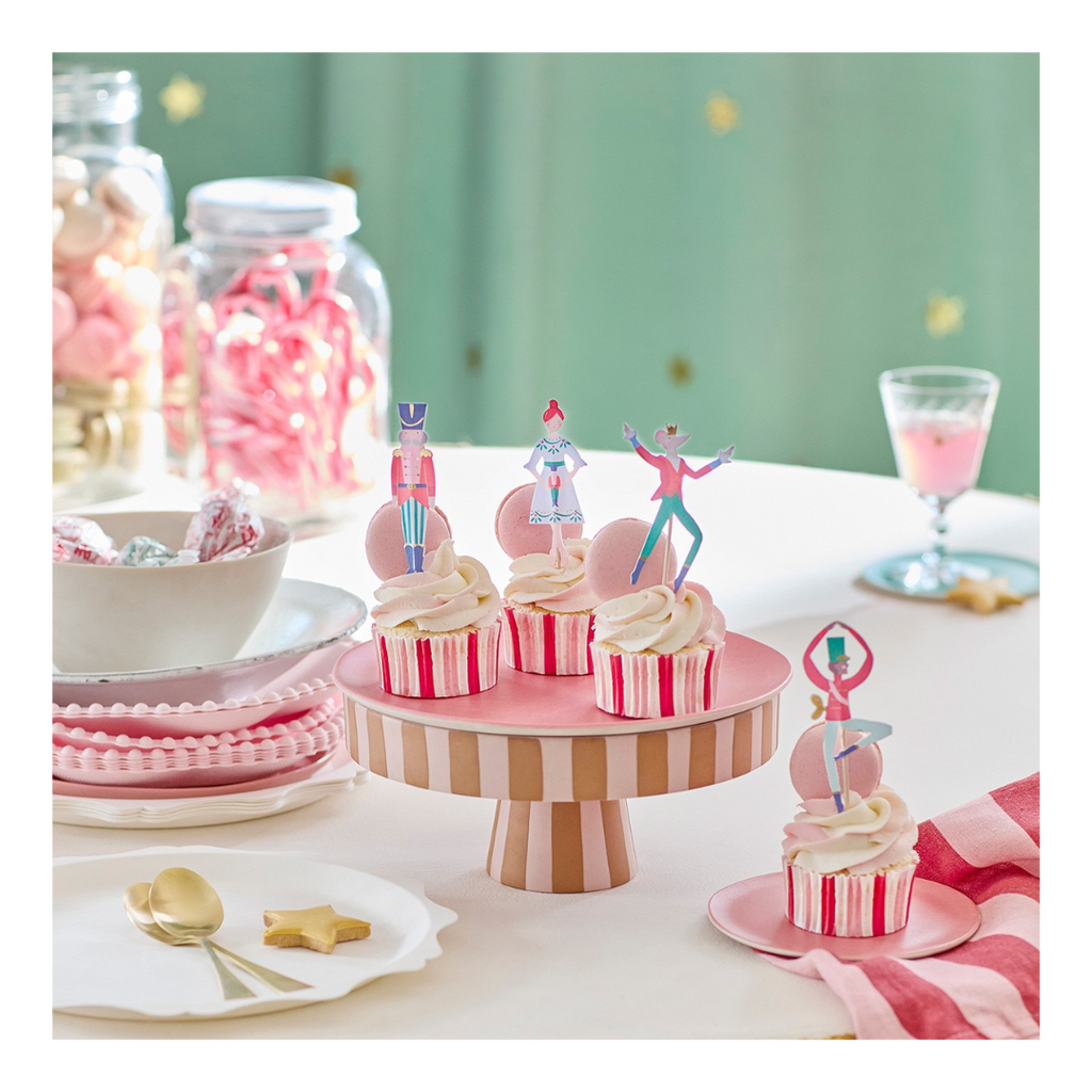 Pink Nutcracker cupcake toppers whimsical holiday decor from Parte Haus party supply store in Bethesda Maryland