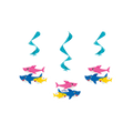 Pink blue and yellow shark hanging swirl decorations for kids birthday from Parte Haus party supply store in Bethesda MD