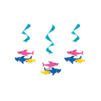 Pink blue and yellow shark hanging swirl decorations for kids birthday from Parte Haus party supply store in Bethesda MD