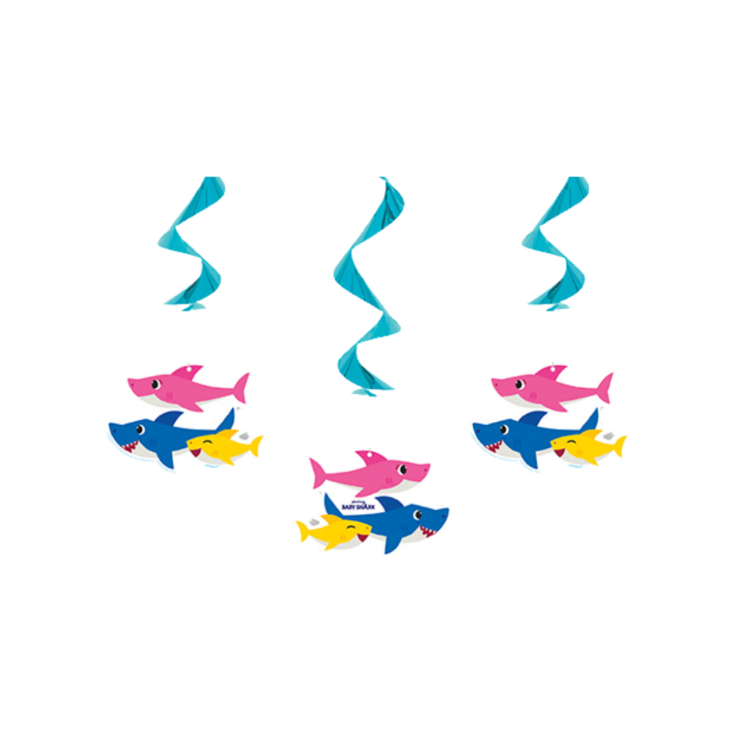 Pink blue and yellow shark hanging swirl decorations for kids birthday from Parte Haus party supply store in Bethesda MD