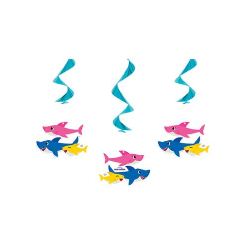 Pink blue and yellow shark hanging swirl decorations for kids birthday from Parte Haus party supply store in Bethesda MD