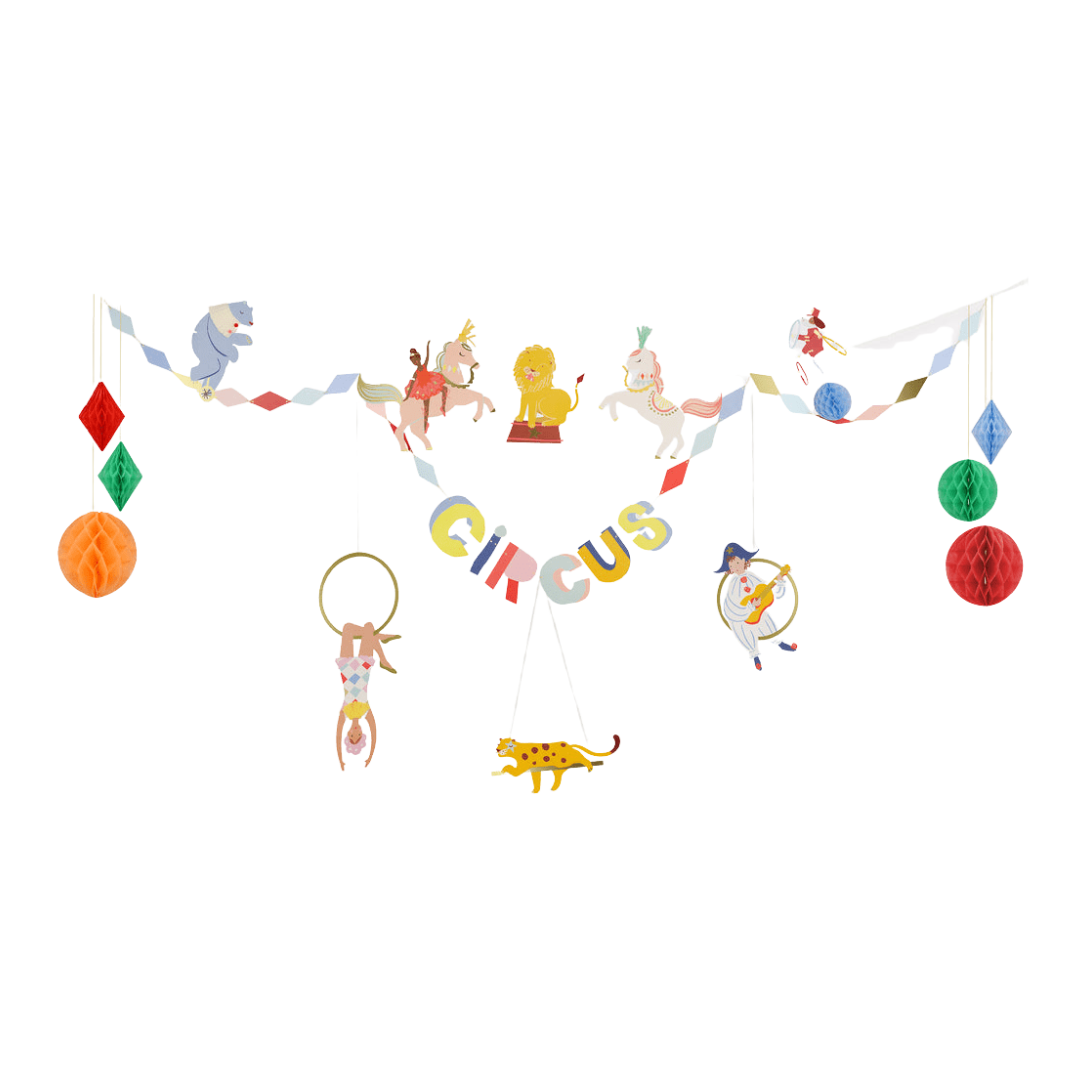 Colorful circus garland with animal and performer cutouts circus theme from Parte Haus party supply store in Bethesda MD.